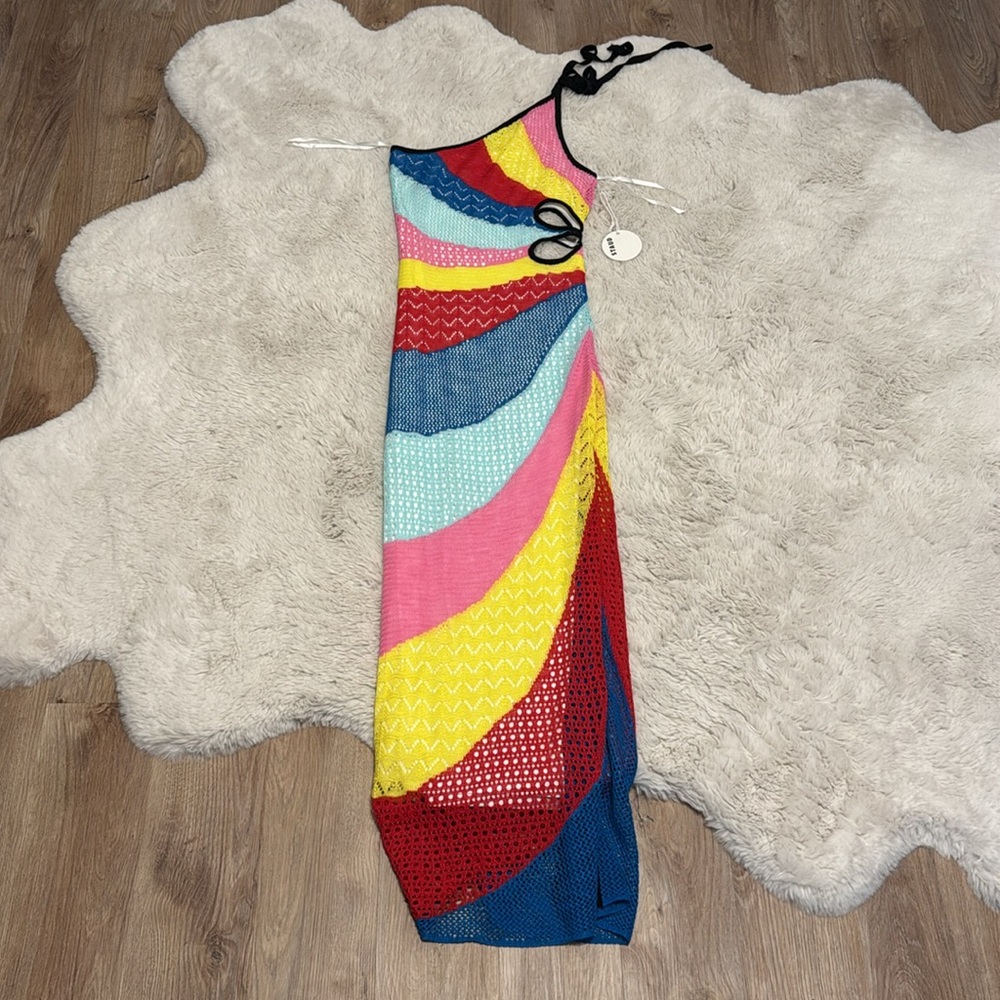 Staud Alpes One Shoulder Cutout Rainbow Crochet Knit Dress - Picture 10 of 10